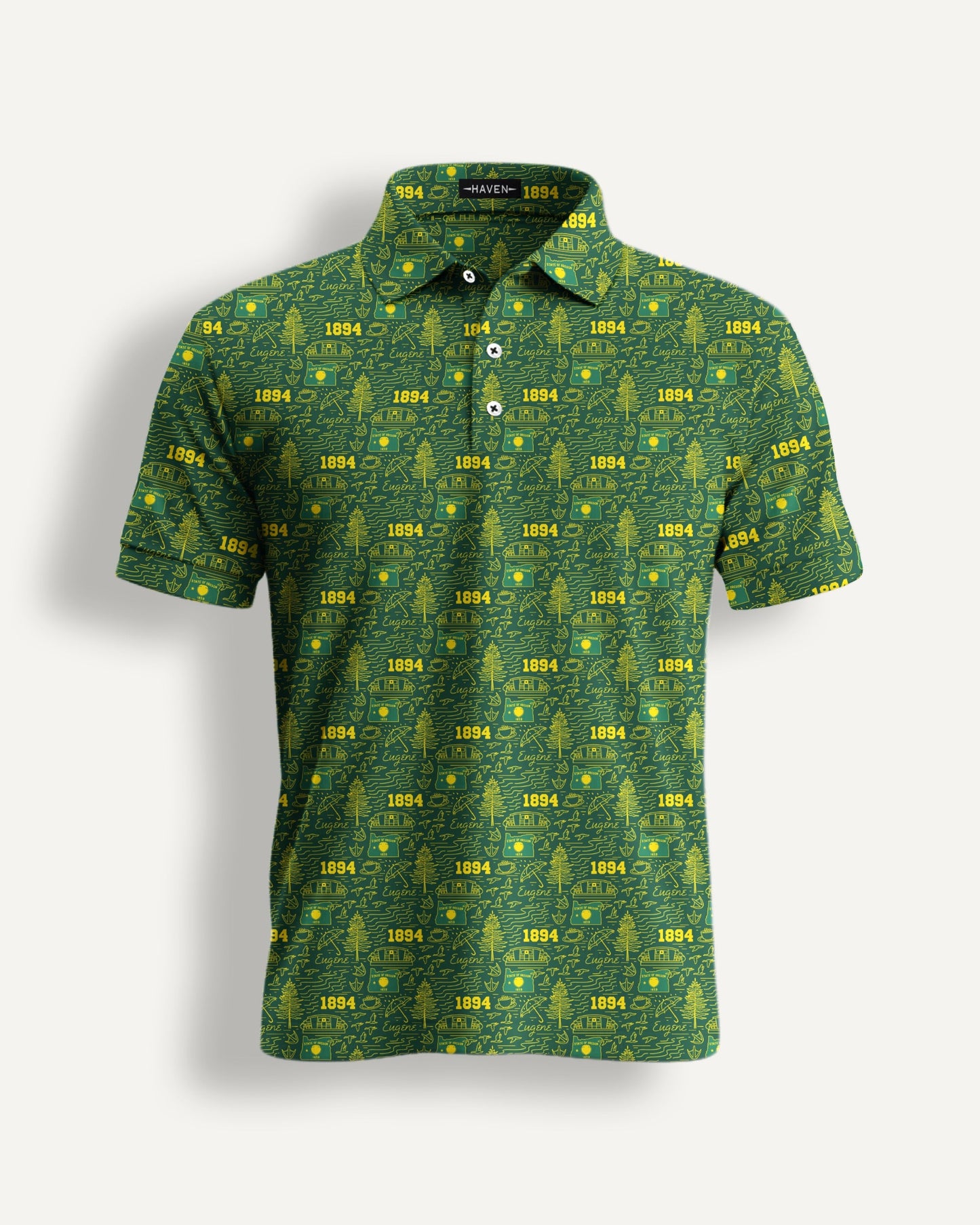Oregon football polo shirt by Haven Golf with green and yellow pattern and The Flock design, inspired by University of Oregon culture.