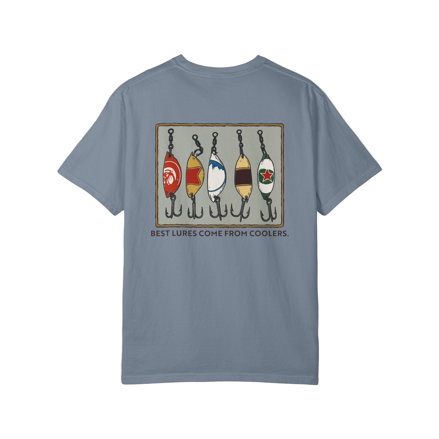 Blue t-shirt with fishing lure graphic and text on a white background