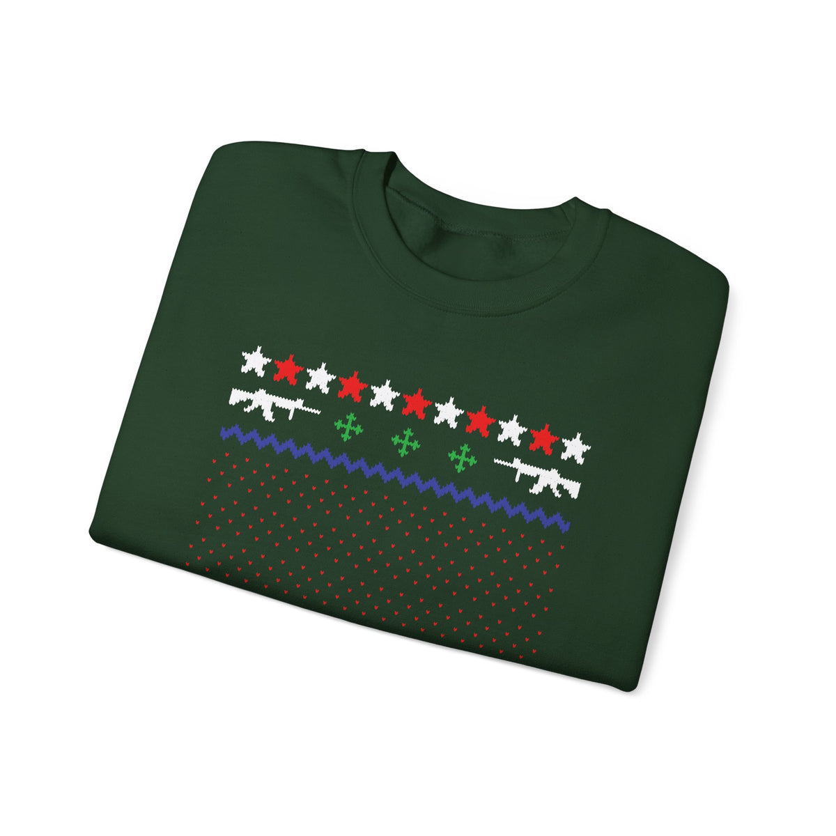 Gun Lover Christmas Sweatshirt featuring a festive ugly sweater design with rifle silhouettes and holiday colors.