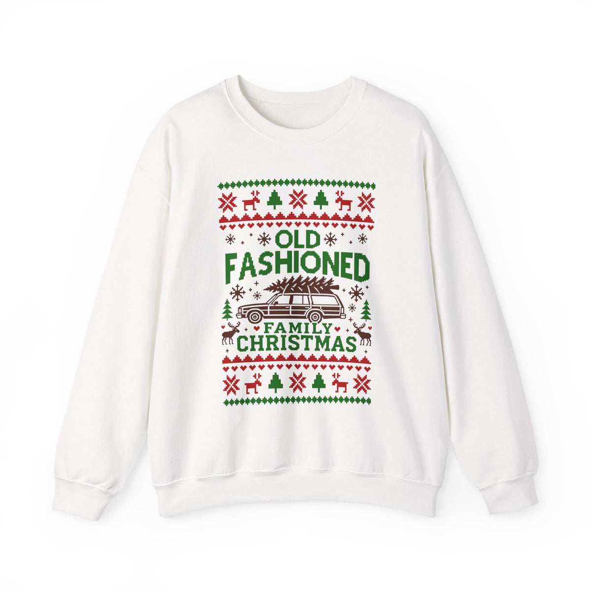 Old Fashioned Family Christmas Sweatshirt featuring retro design with a station wagon and holiday graphics.