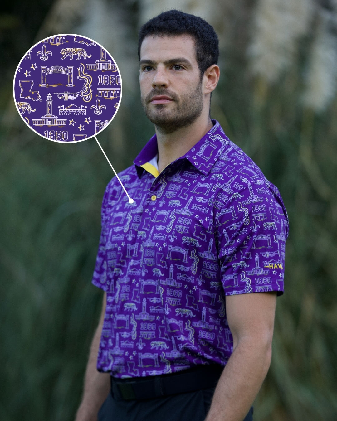 Baton Rouge football polo shirt by Haven Golf, featuring bold purple design inspired by Louisiana football culture and Play Neck chant.