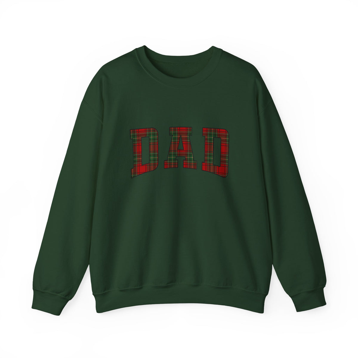 Christmas Plaid Dad Sweatshirt featuring oversized plaid letters DAD on a dark green crewneck.