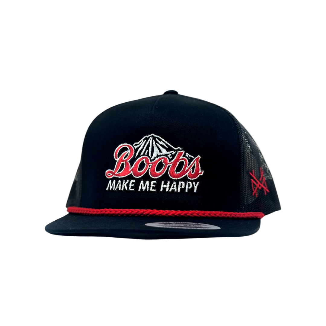 Black cap with 'Boobs Make Me Happy' text on a white background