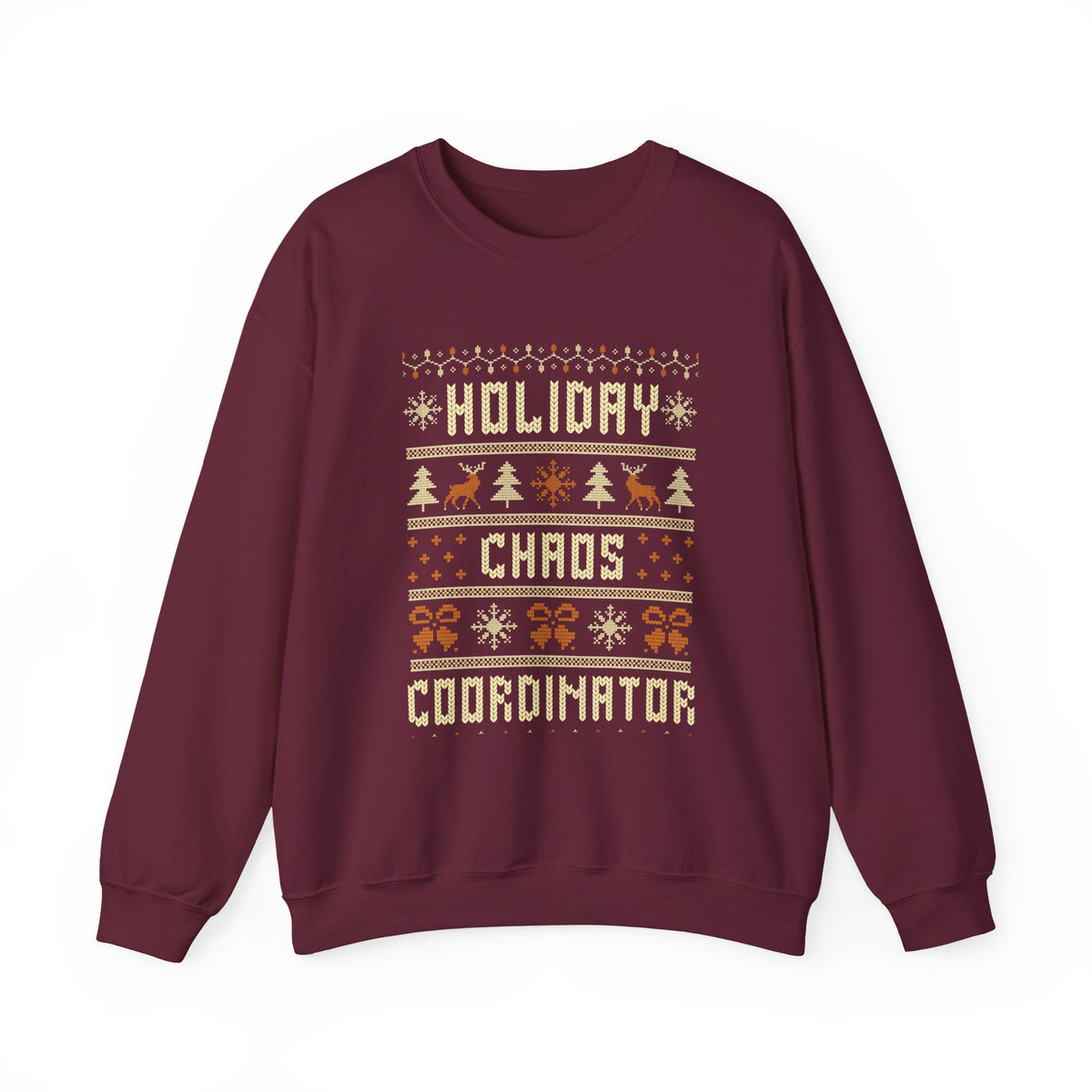 Holiday Chaos Coordinator Sweatshirt featuring festive holiday designs in knitted lettering.
