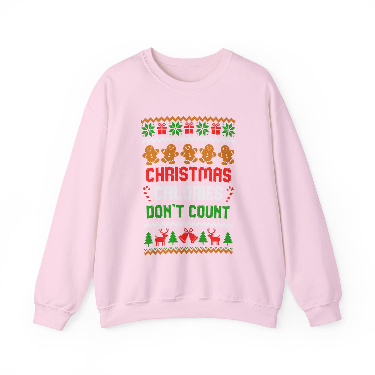 Christmas Calories Don't Count Sweatshirt in pink featuring festive gingerbread cookies and cheerful holiday graphics.