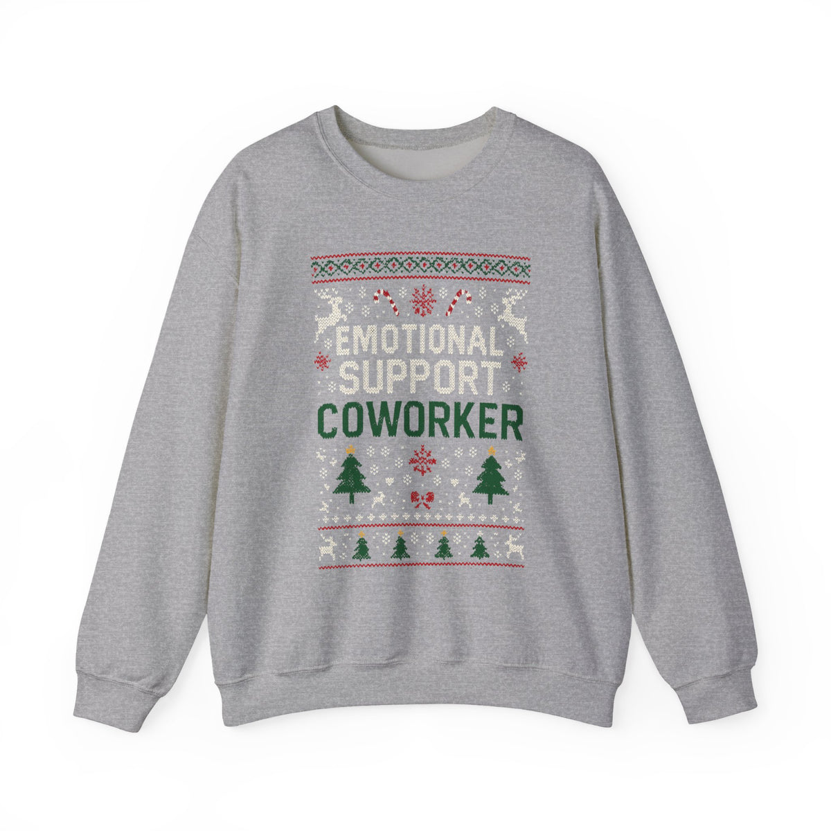 Emotional Support Coworker Sweatshirt featuring festive design with trees and holiday patterns.