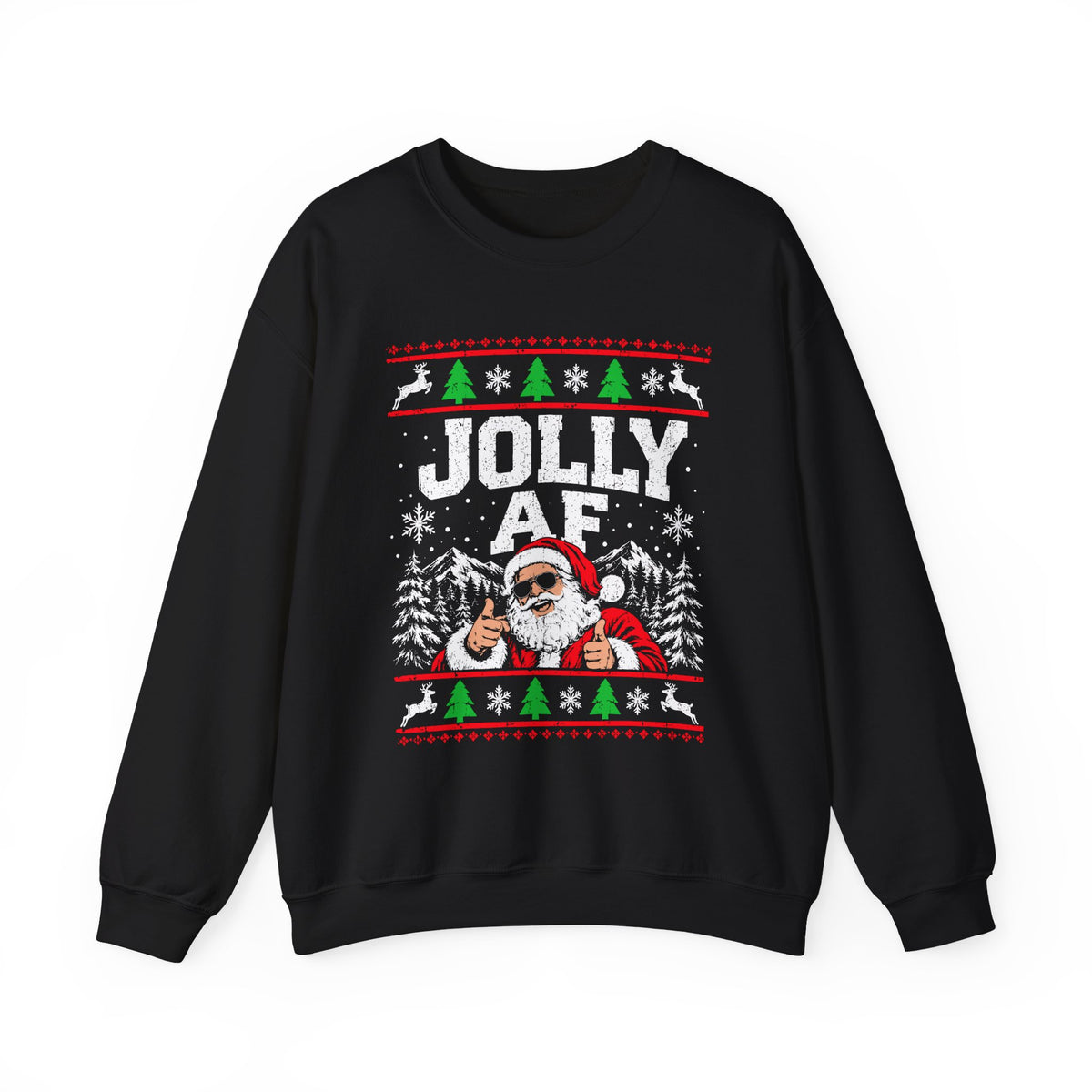 Jolly AF Sweatshirt | Funny Christmas Santa Crewneck with oversized lettering and grinning Santa in shades.