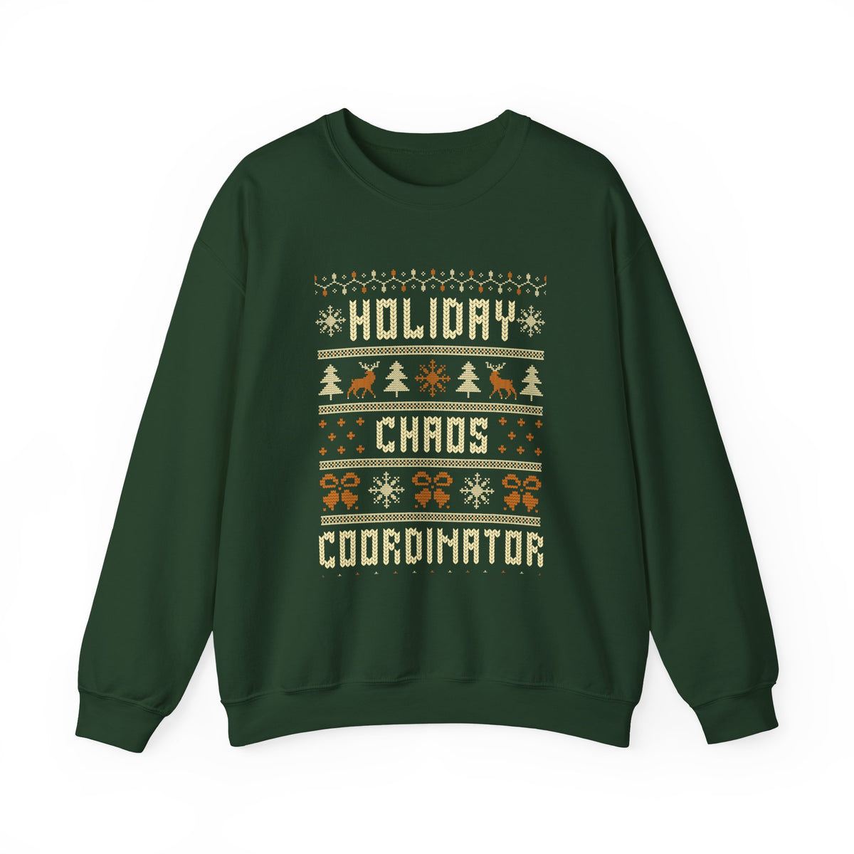 Holiday Chaos Coordinator Sweatshirt featuring festive design with trees, reindeer, and Christmas motifs.