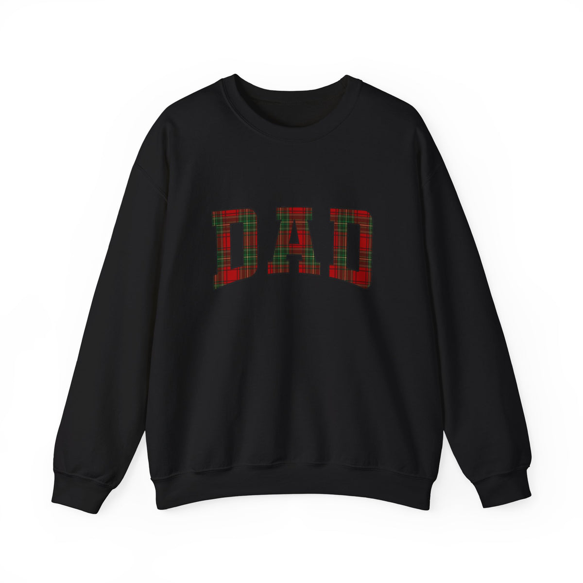 Christmas Plaid Dad Sweatshirt featuring oversized plaid letters on a black crewneck.