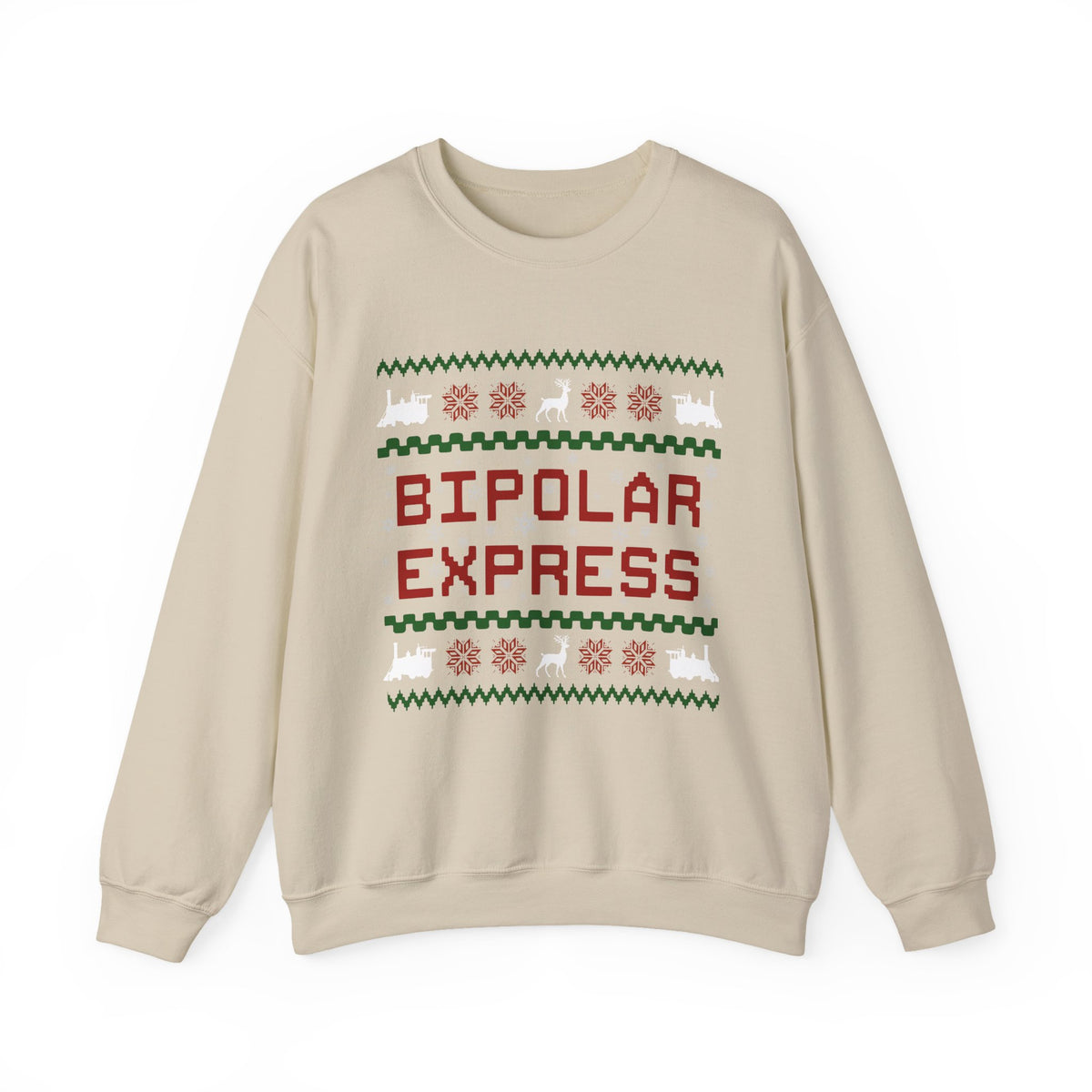 Bipolar Express Sweatshirt in cream featuring festive holiday design with reindeer and snowflakes.