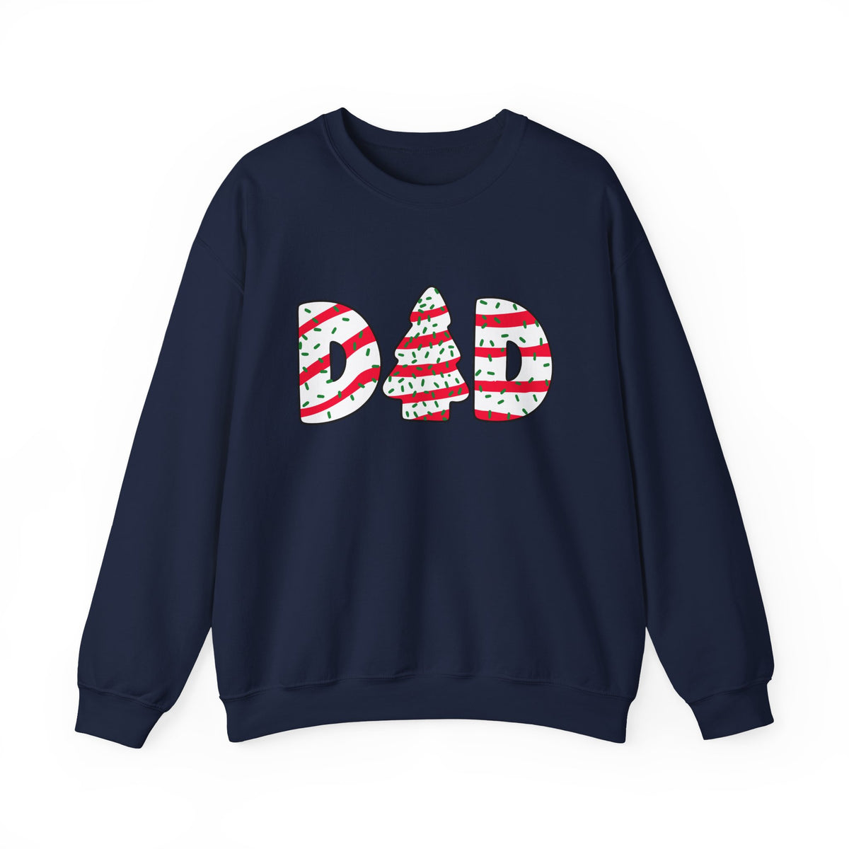 Christmas Tree Cake Dad Sweatshirt featuring icing-inspired lettering, perfect for the Holiday Chaos Coordinator Sweatshirt.
