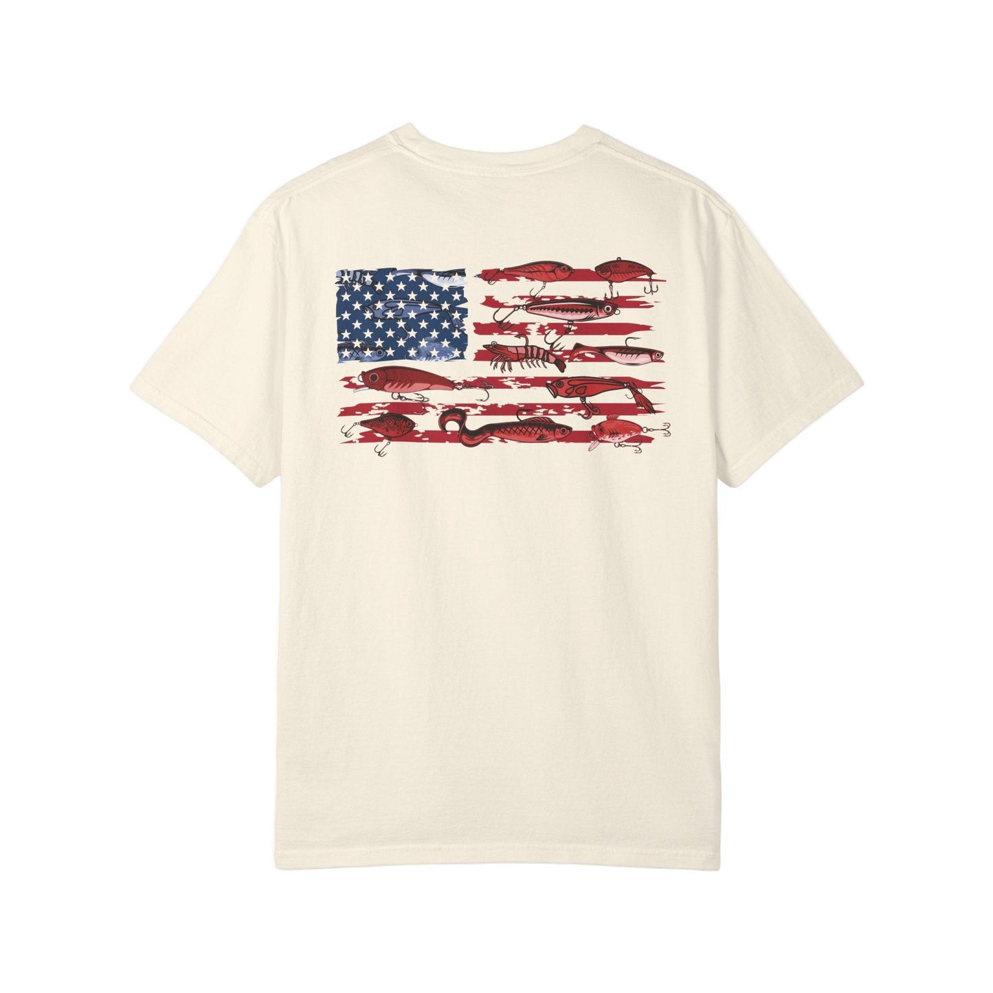 Beige t-shirt with American flag and fish design on a white background