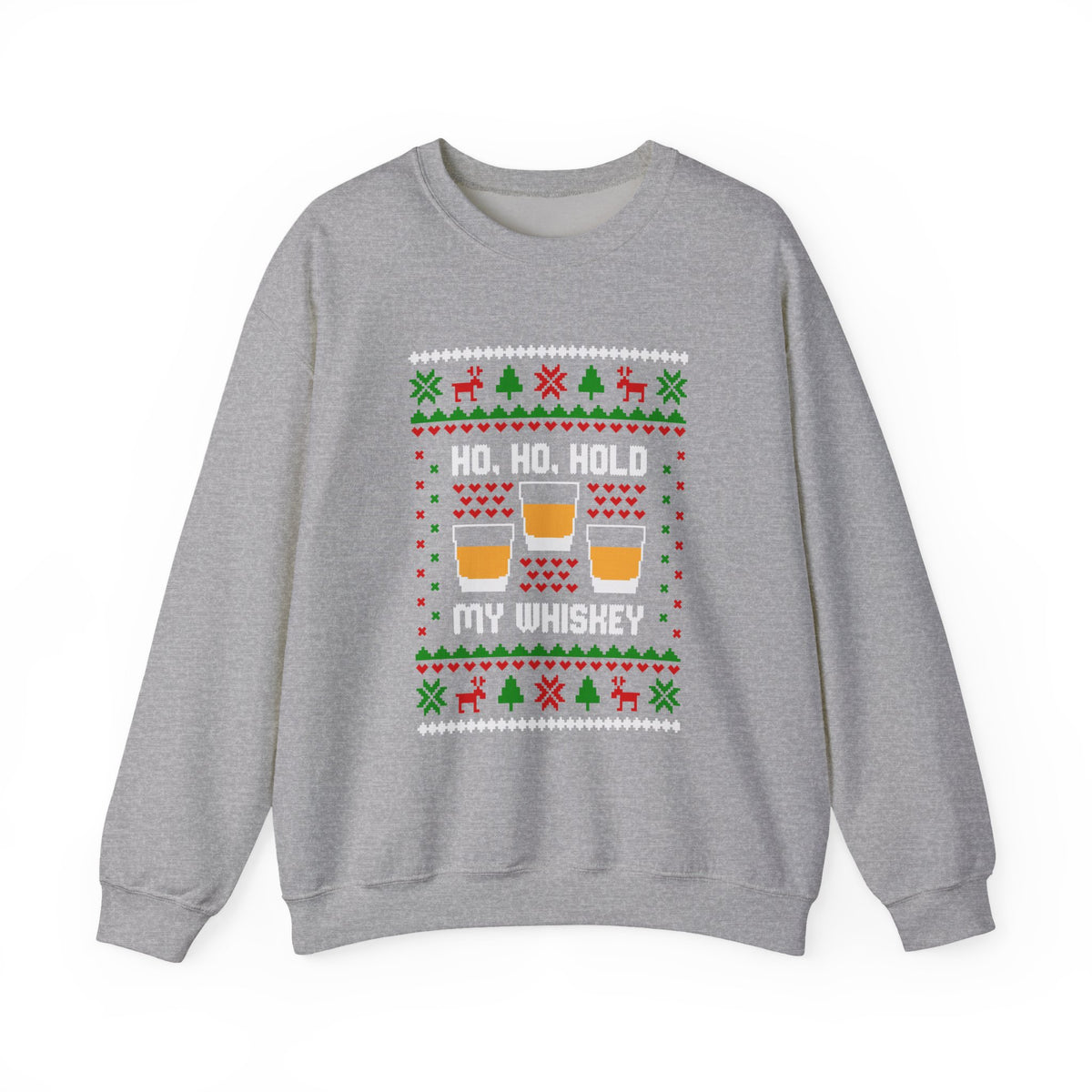 Ho Ho Hold My Whiskey Sweatshirt featuring festive design with whiskey glasses and holiday motifs.
