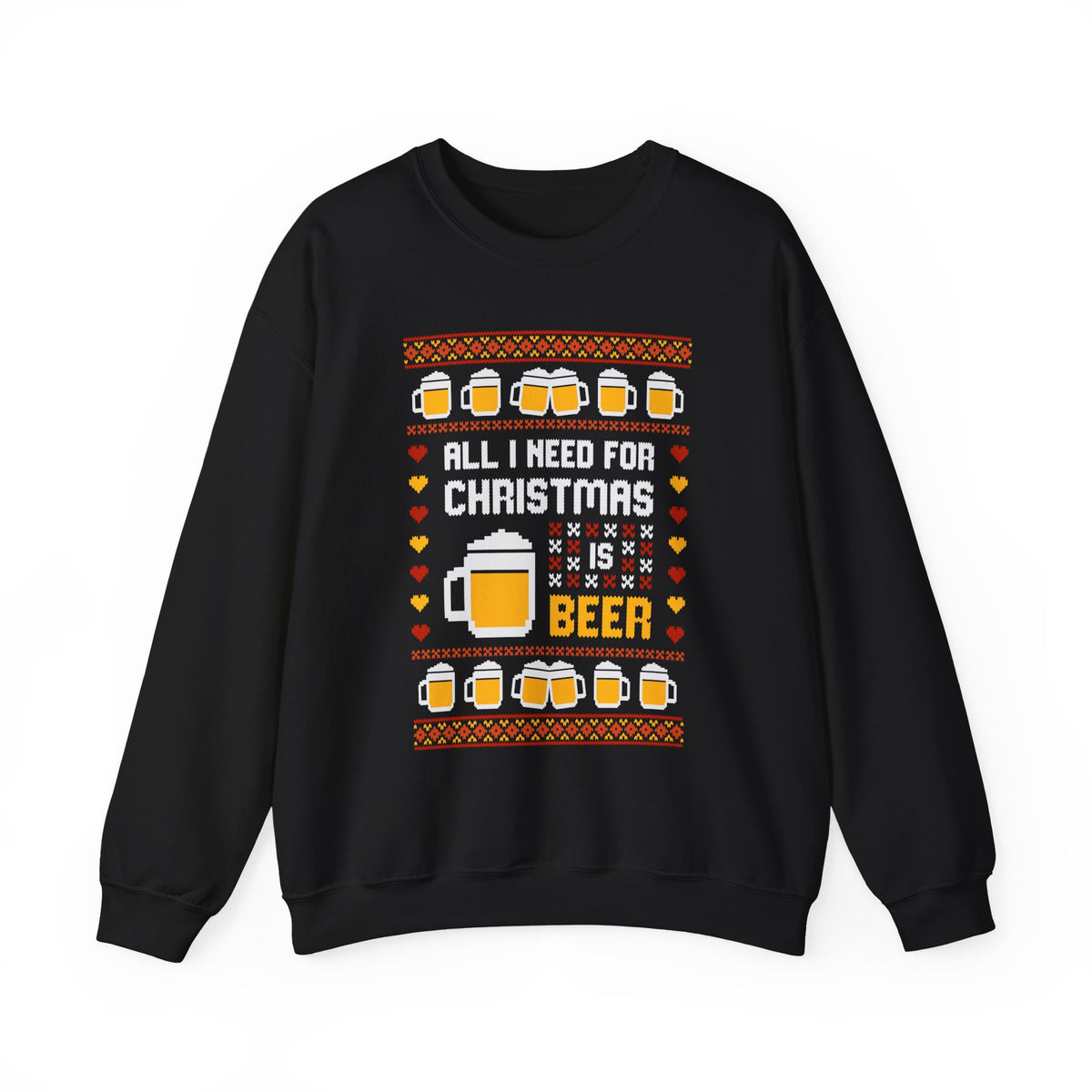 All I Need For Christmas Is Beer Sweatshirt with festive beer mug graphics on a black crewneck.
