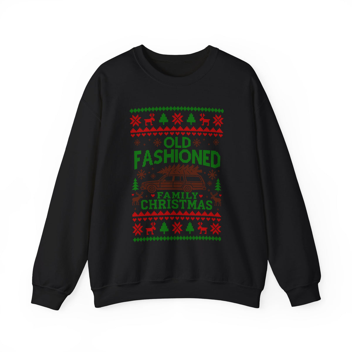 Old Fashioned Family Christmas Sweatshirt featuring retro design with Christmas tree and holiday motifs.