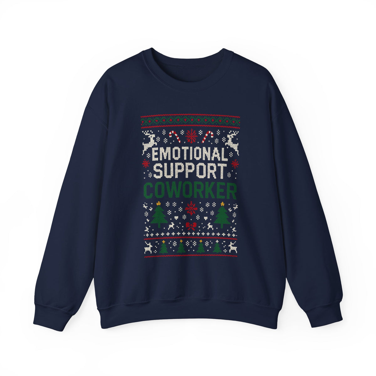 Emotional Support Coworker Sweatshirt with festive design featuring reindeer and snowflakes.
