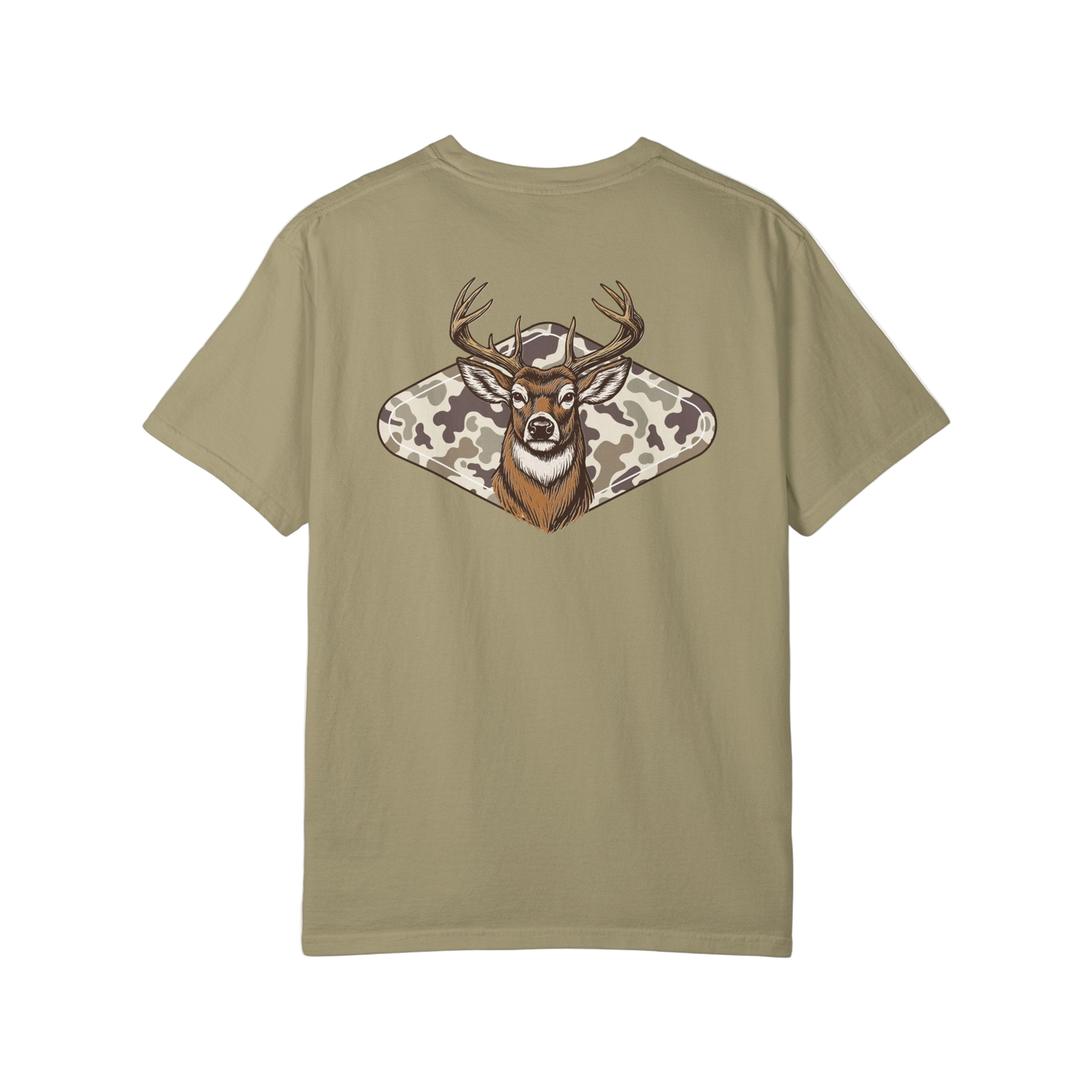 Khaki t-shirt with a deer graphic on a white background