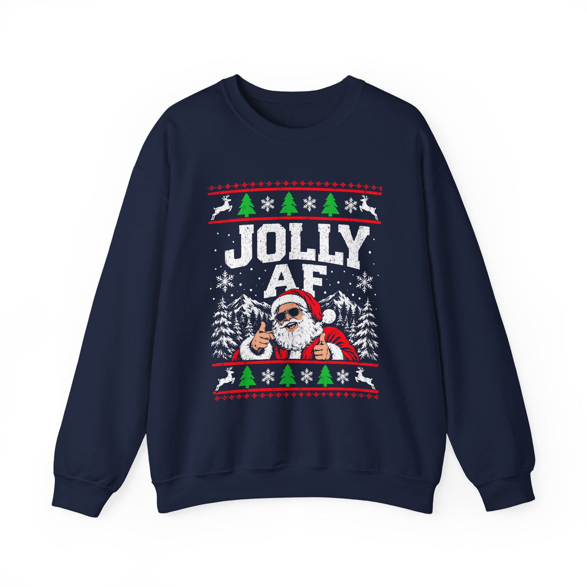 Jolly AF Sweatshirt | Funny Christmas Santa Crewneck with Santa in shades and winter backdrop.
