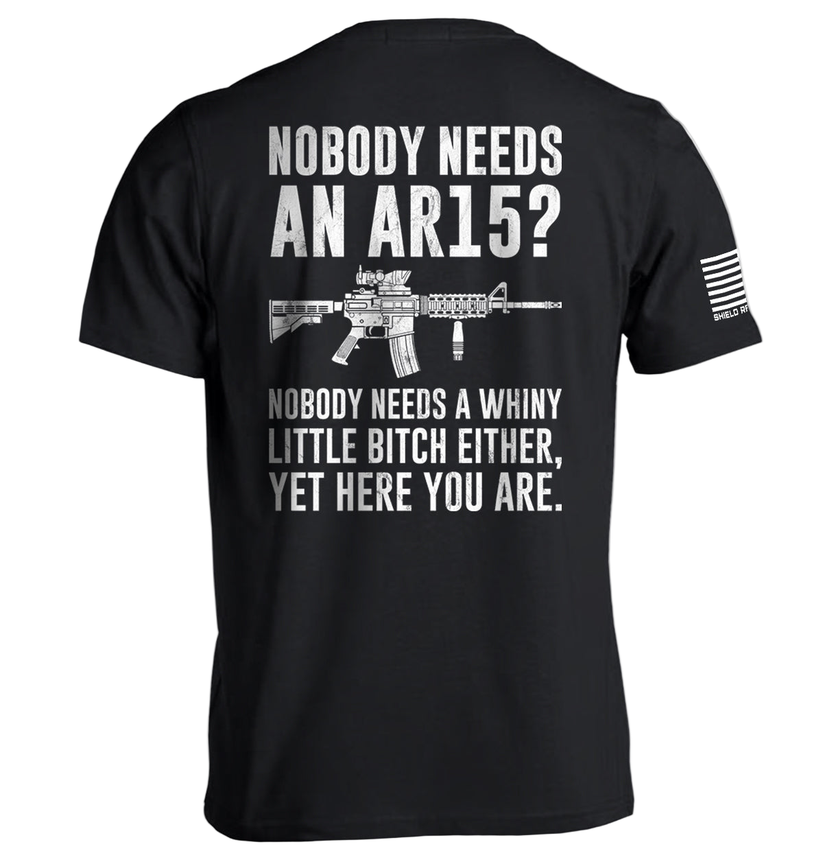 Black t-shirt with white text and graphic of an AR15 rifle on a white background