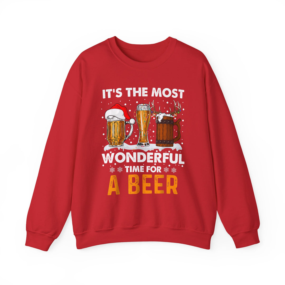It's The Most Wonderful Time For A Beer Sweatshirt featuring beer mugs and festive text on a red background.
