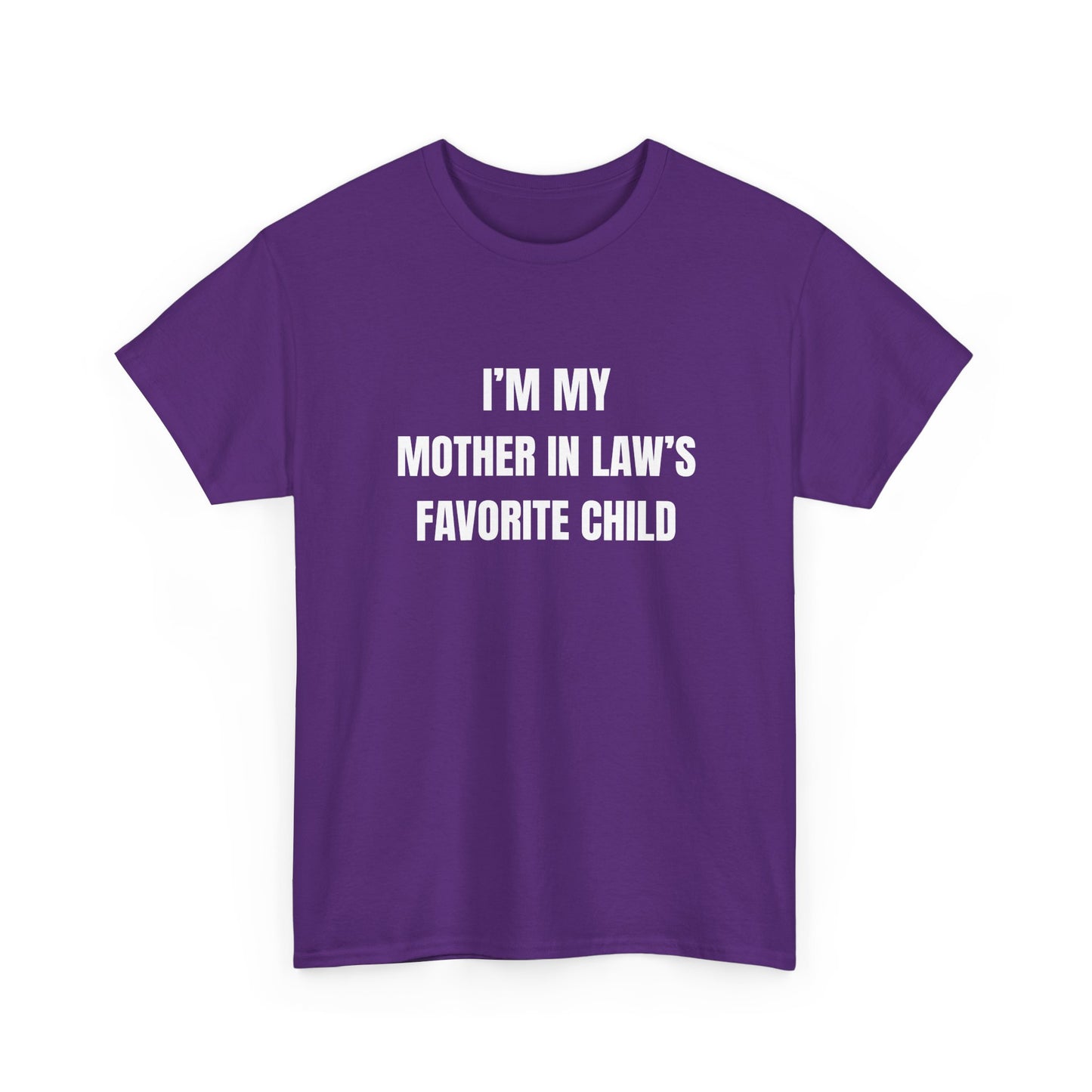 I'm My Mother-In-Law's Favorite Child T-Shirt in purple with white text, a funny family tee for gatherings and holidays.