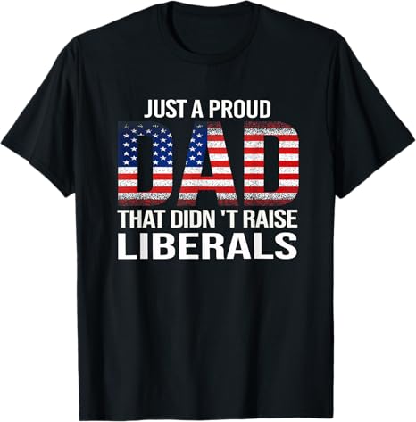 Black t-shirt with American flag design and text on a white background