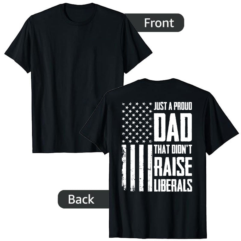 Black t-shirt with American flag design and text on front and back
