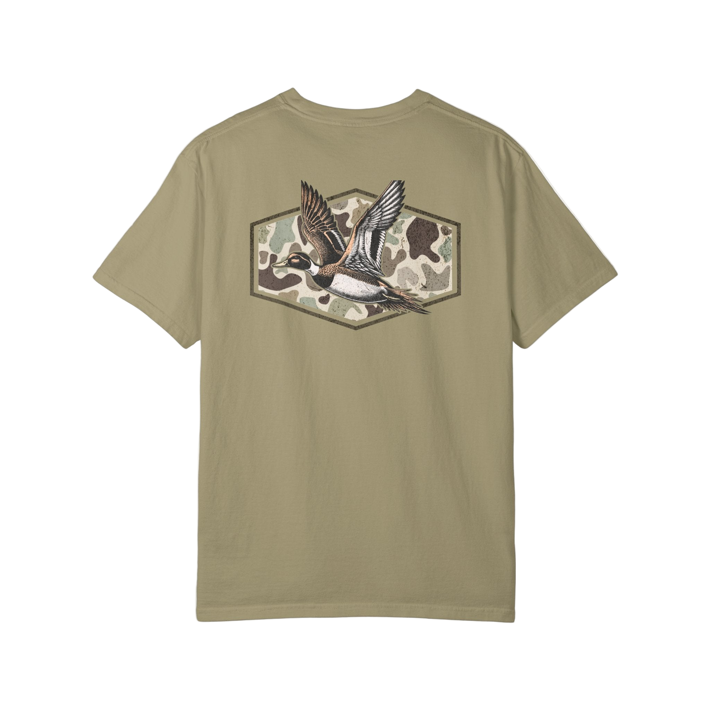 Olive green t-shirt with a duck design on the back against a white background