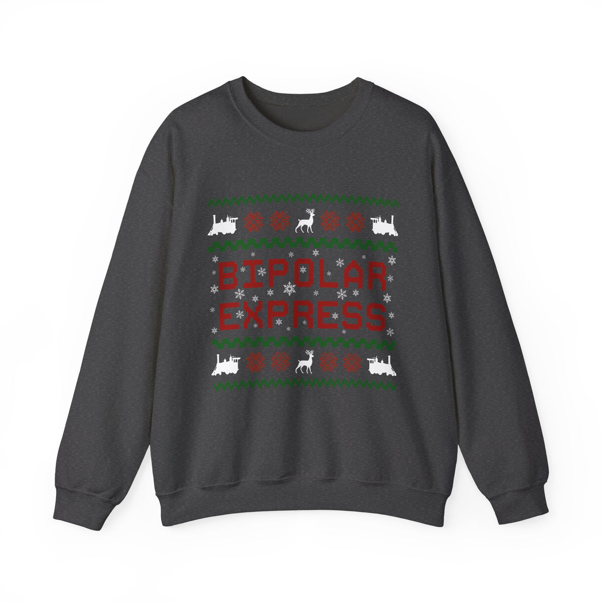 Bipolar Express Sweatshirt featuring festive graphics and playful design in black crewneck style.