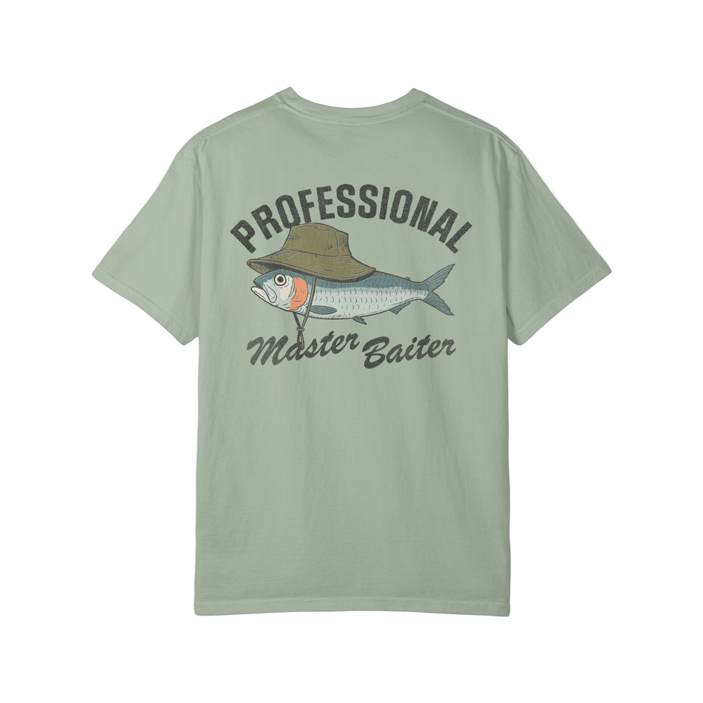 Light green t-shirt with fish graphic and text on a white background