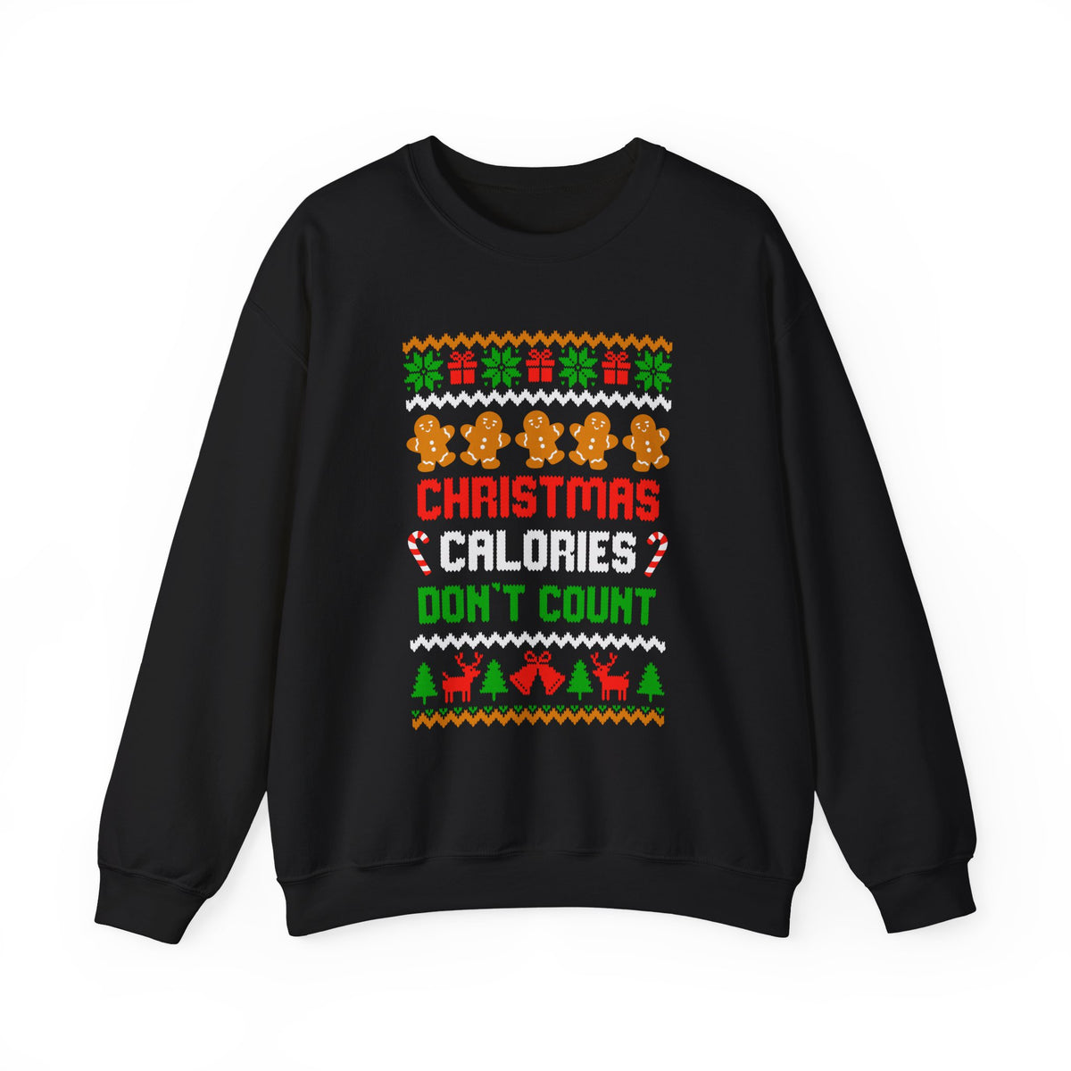 Christmas Calories Don't Count Sweatshirt featuring festive gingerbread cookies and holiday decorations.