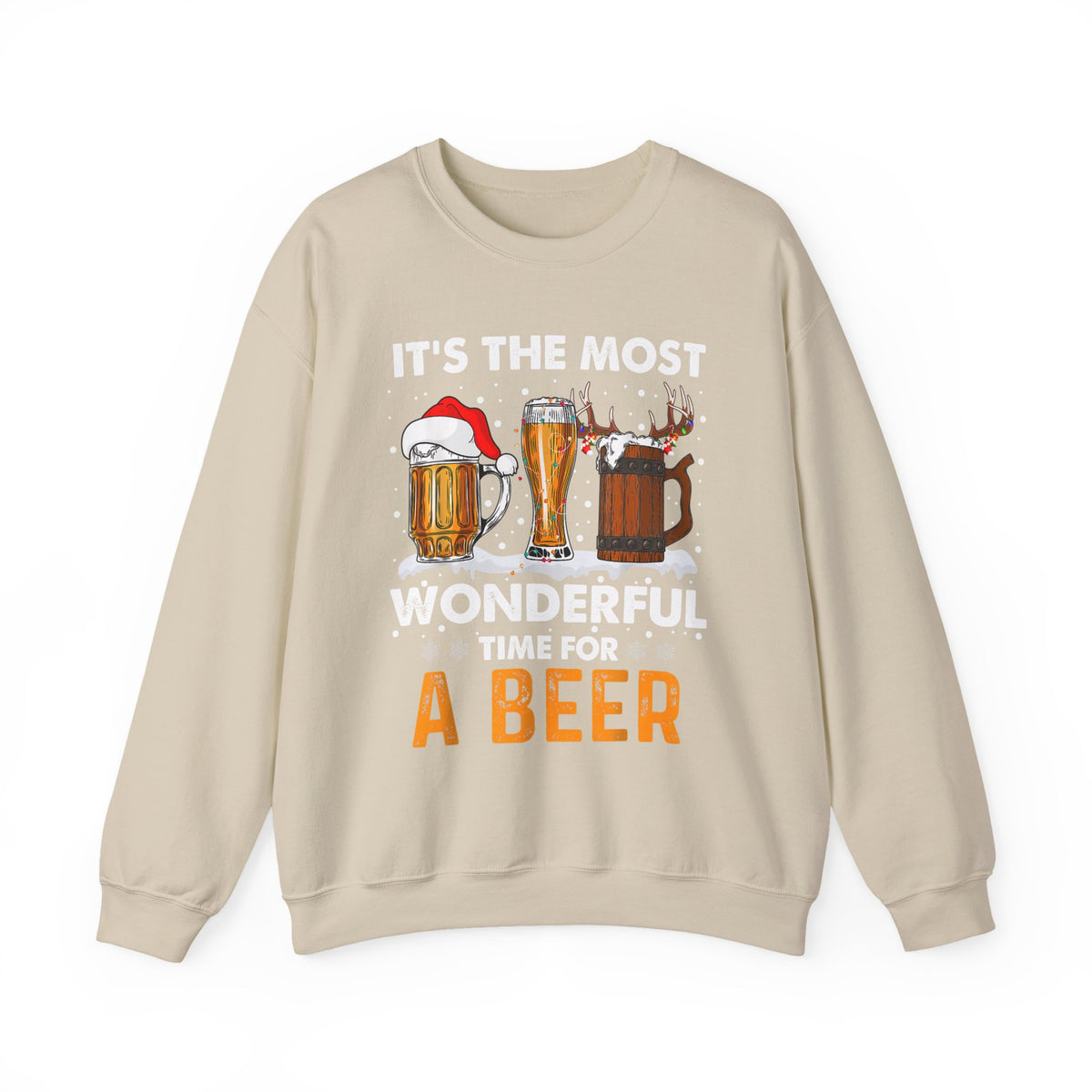 It's The Most Wonderful Time For A Beer Sweatshirt featuring three festive drinks on a beige crewneck.
