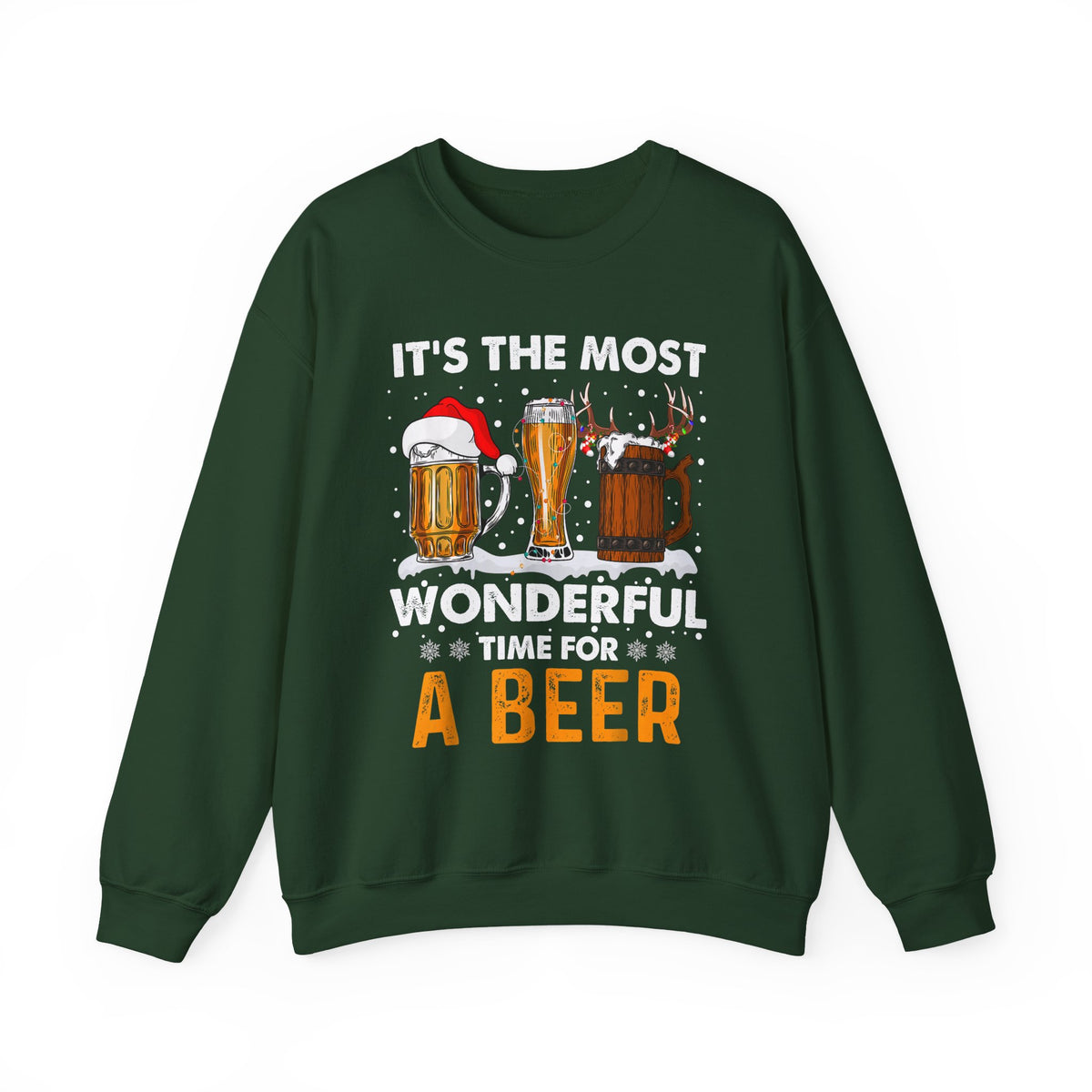 It's The Most Wonderful Time For A Beer Sweatshirt displayed on a green background with festive drink designs.