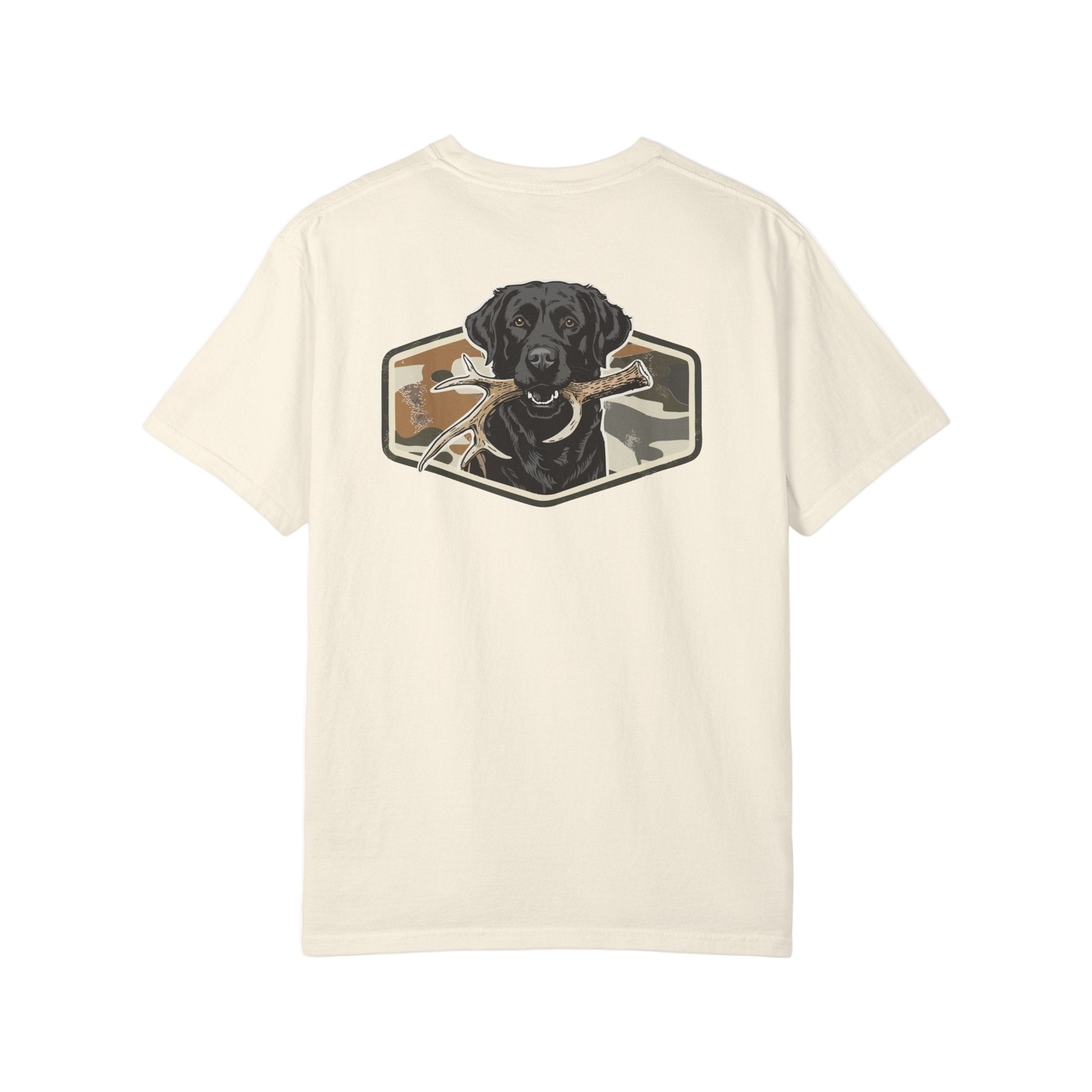 Beige t-shirt with a black dog graphic on the back against a white background