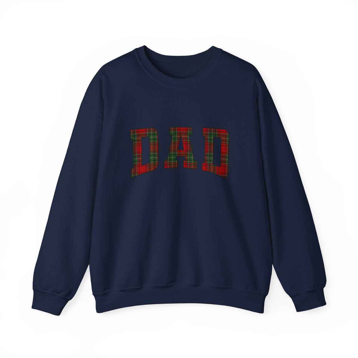 Christmas Plaid Dad Sweatshirt with oversized plaid 'DAD' lettering on black crewneck, perfect for festive occasions.
