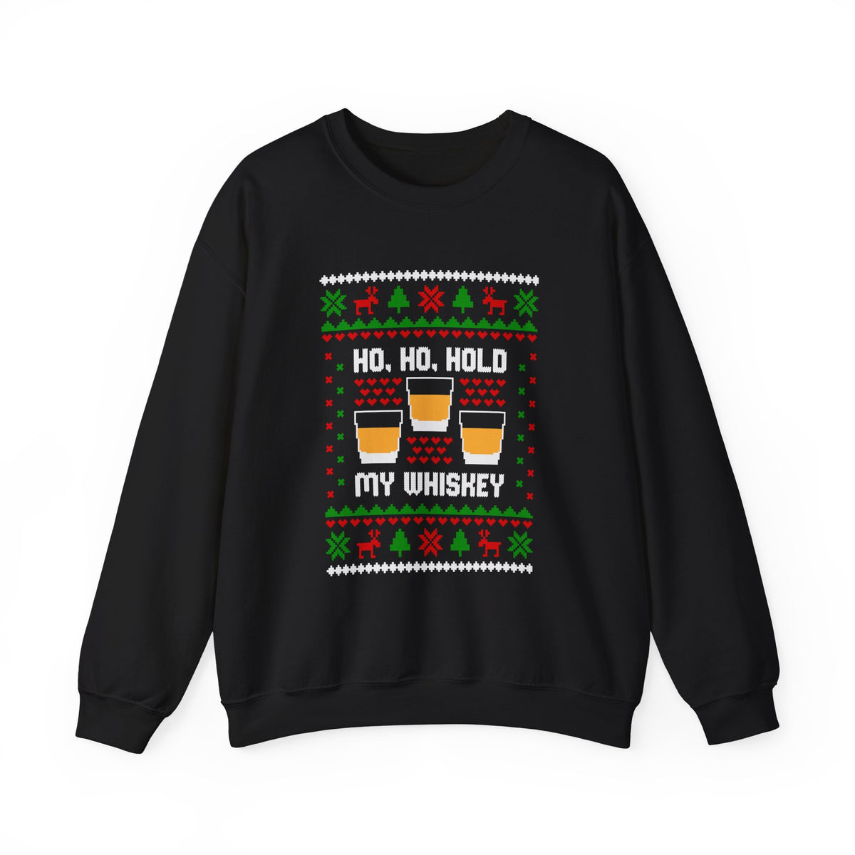 Ho Ho Hold My Whiskey Sweatshirt featuring festive design with whiskey glasses on a black crewneck