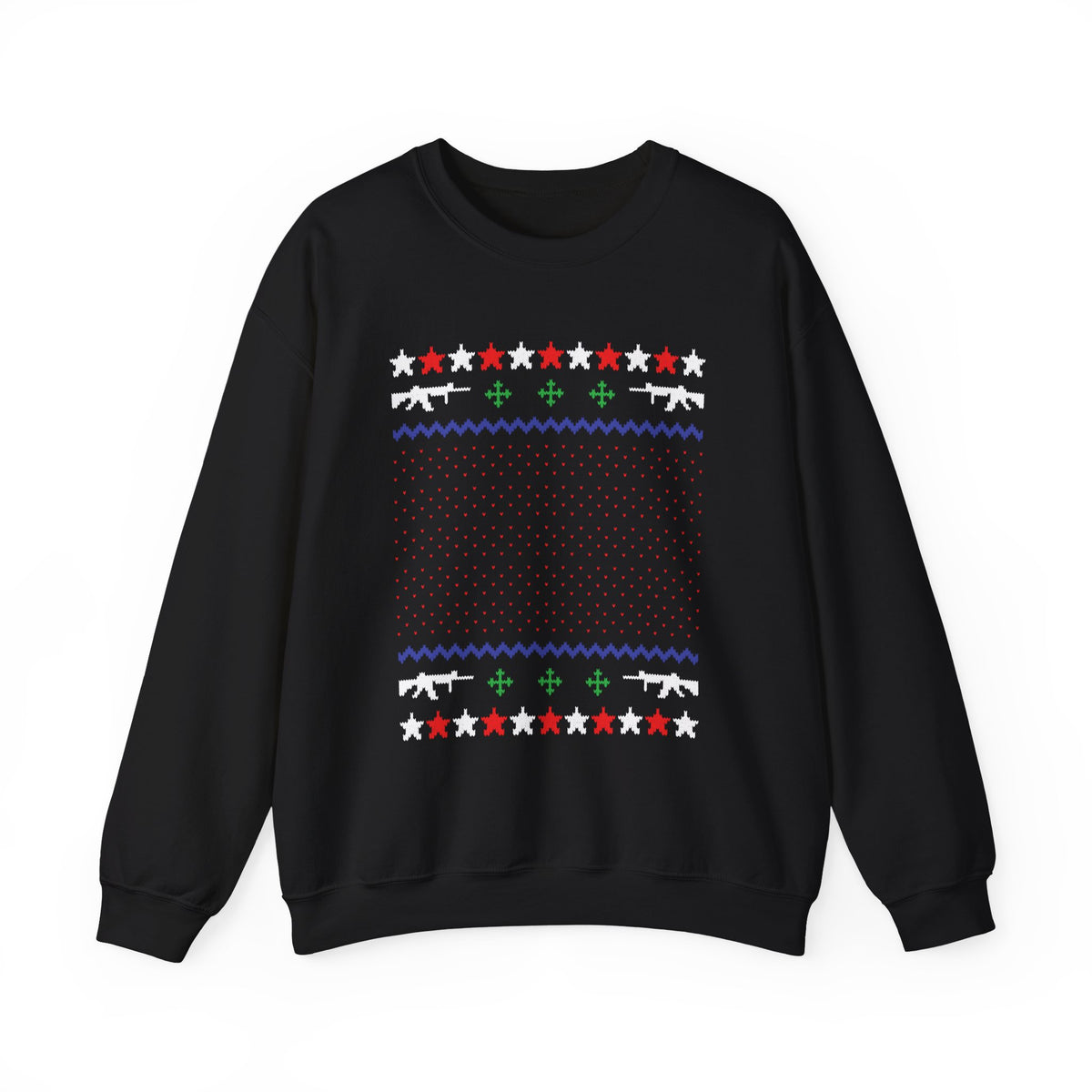 Gun Lover Christmas Sweatshirt featuring rifle silhouettes in a festive pattern.