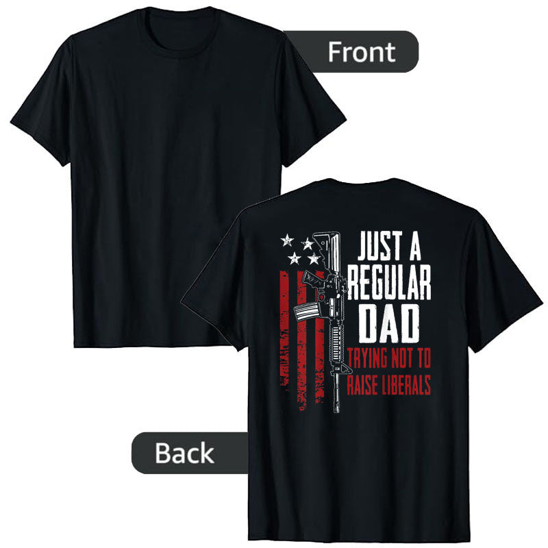 Black t-shirt with graphic design and text on front and back