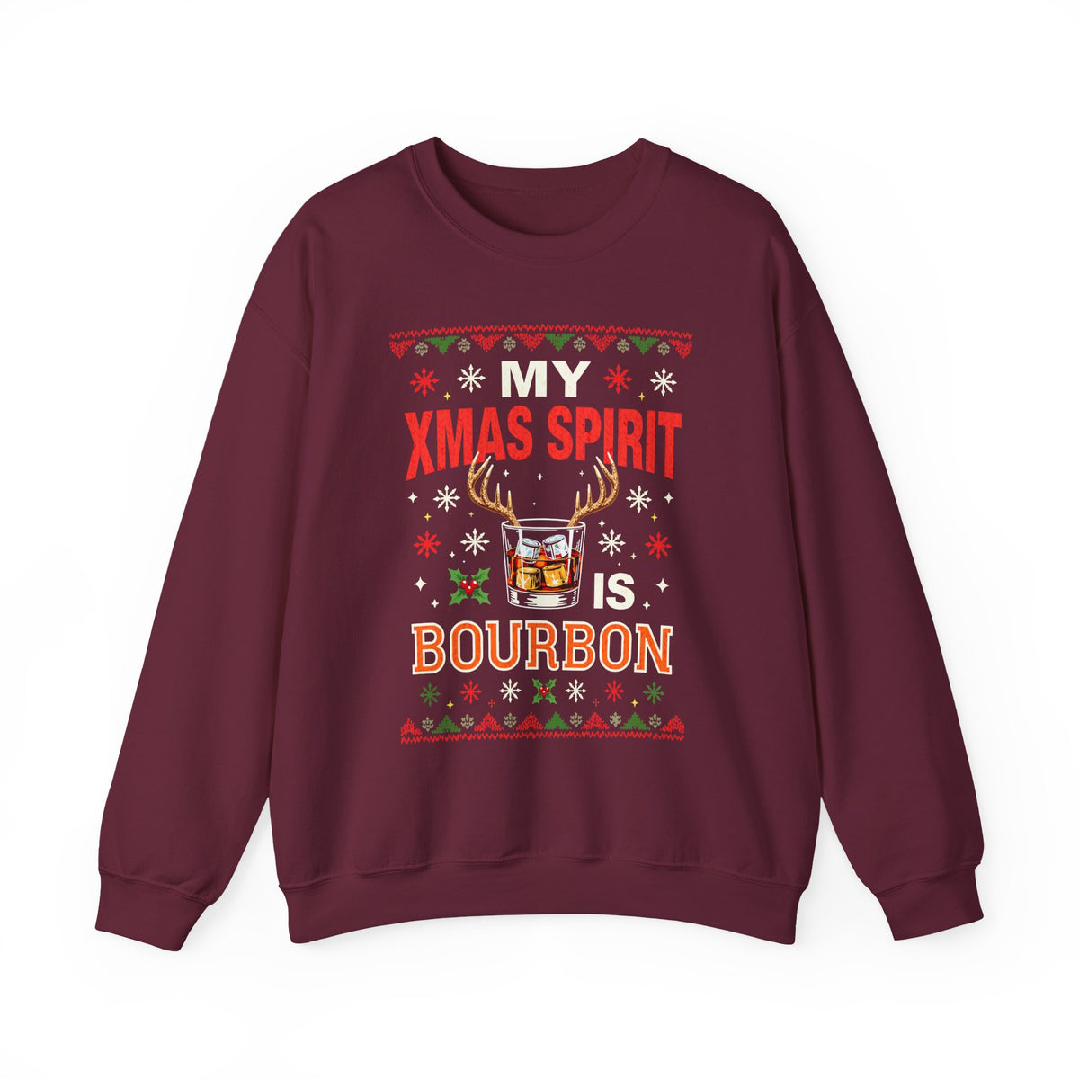 My Xmas Spirit Is Bourbon Sweatshirt featuring bold text and a visual of bourbon with reindeer antlers for a festive look.