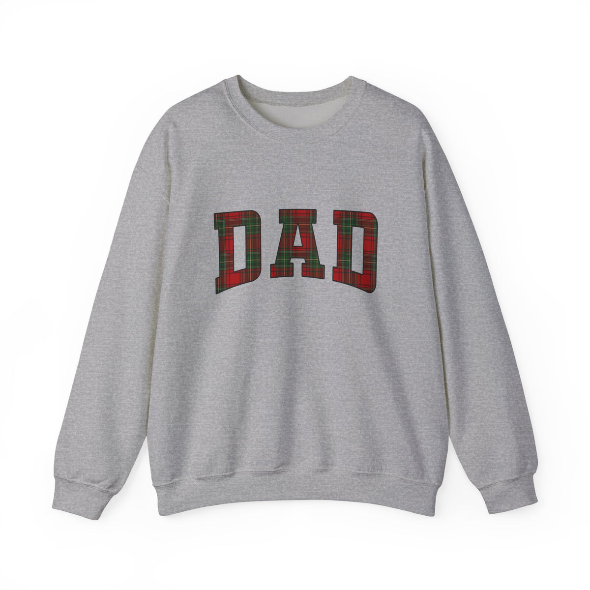 Christmas Plaid Dad Sweatshirt featuring oversized plaid 'DAD' letters on a gray crewneck.