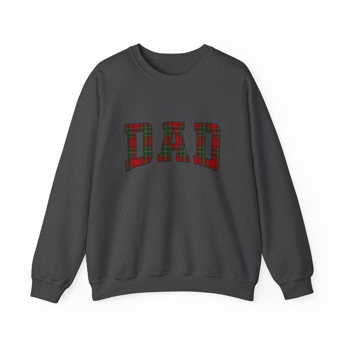 Christmas Plaid Dad Sweatshirt featuring oversized 'DAD' letters in a tartan pattern on a black crewneck.