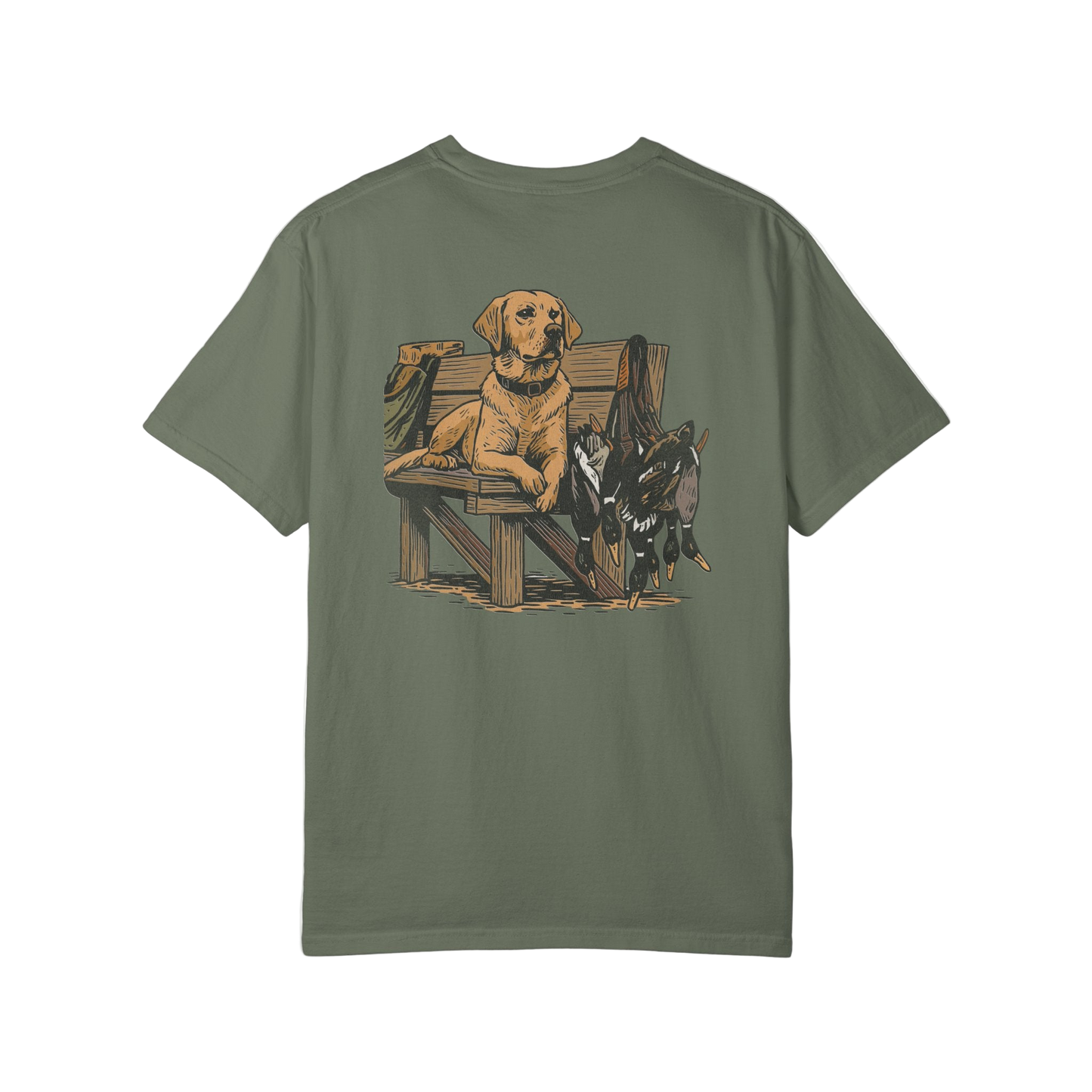 Green t-shirt with a graphic of a dog and hunting equipment on the back, on a white background.