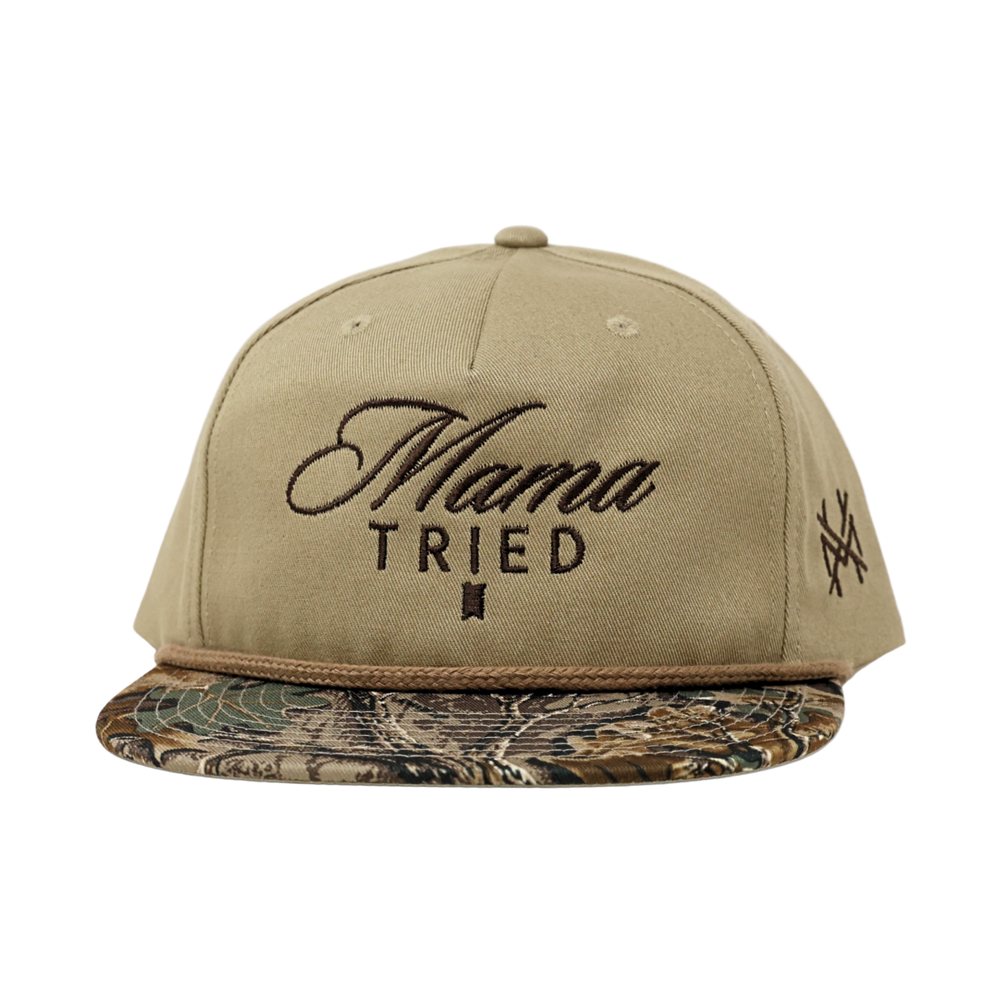 Beige cap with 'Mama Tried' text and camouflage bill on a white background