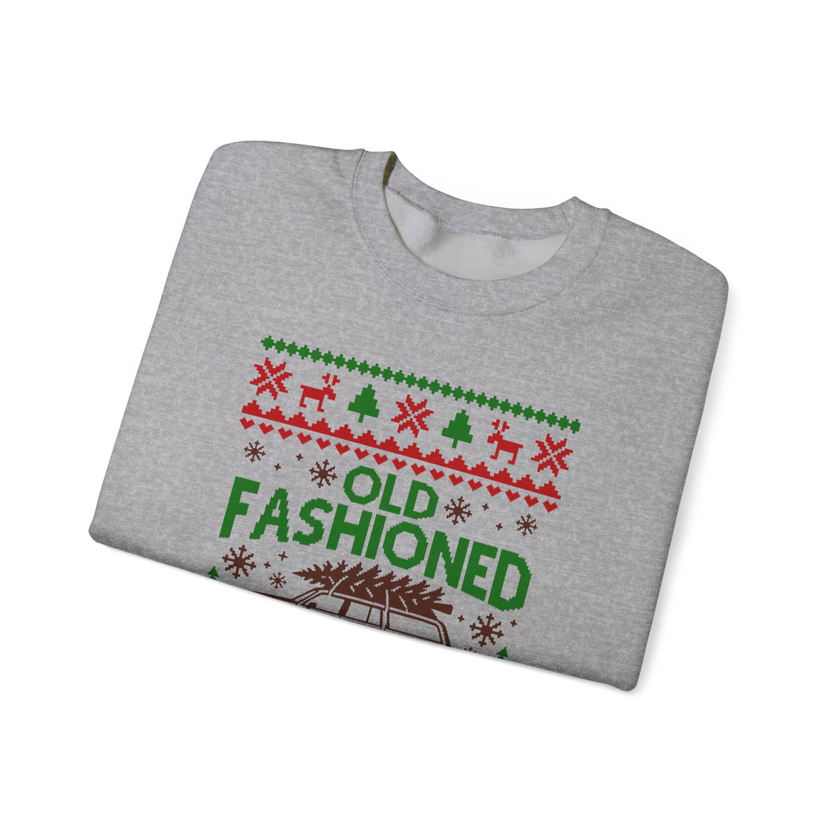 Old Fashioned Family Christmas Sweatshirt displayed on a gray crewneck with holiday design features.