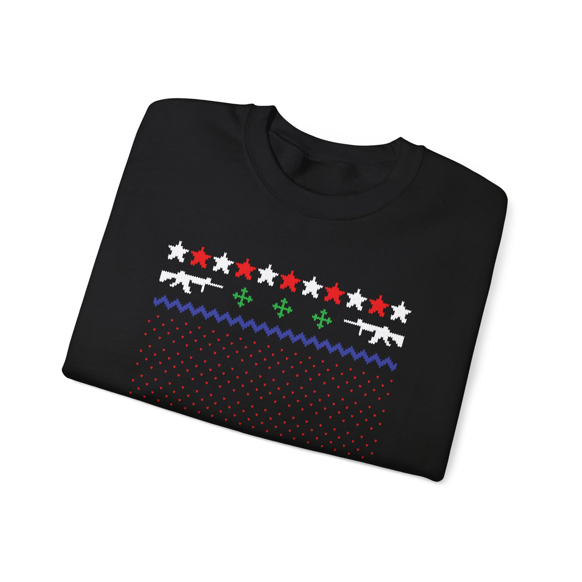 Gun Lover Christmas Sweatshirt featuring rifle silhouettes and festive colors in a holiday knit design.