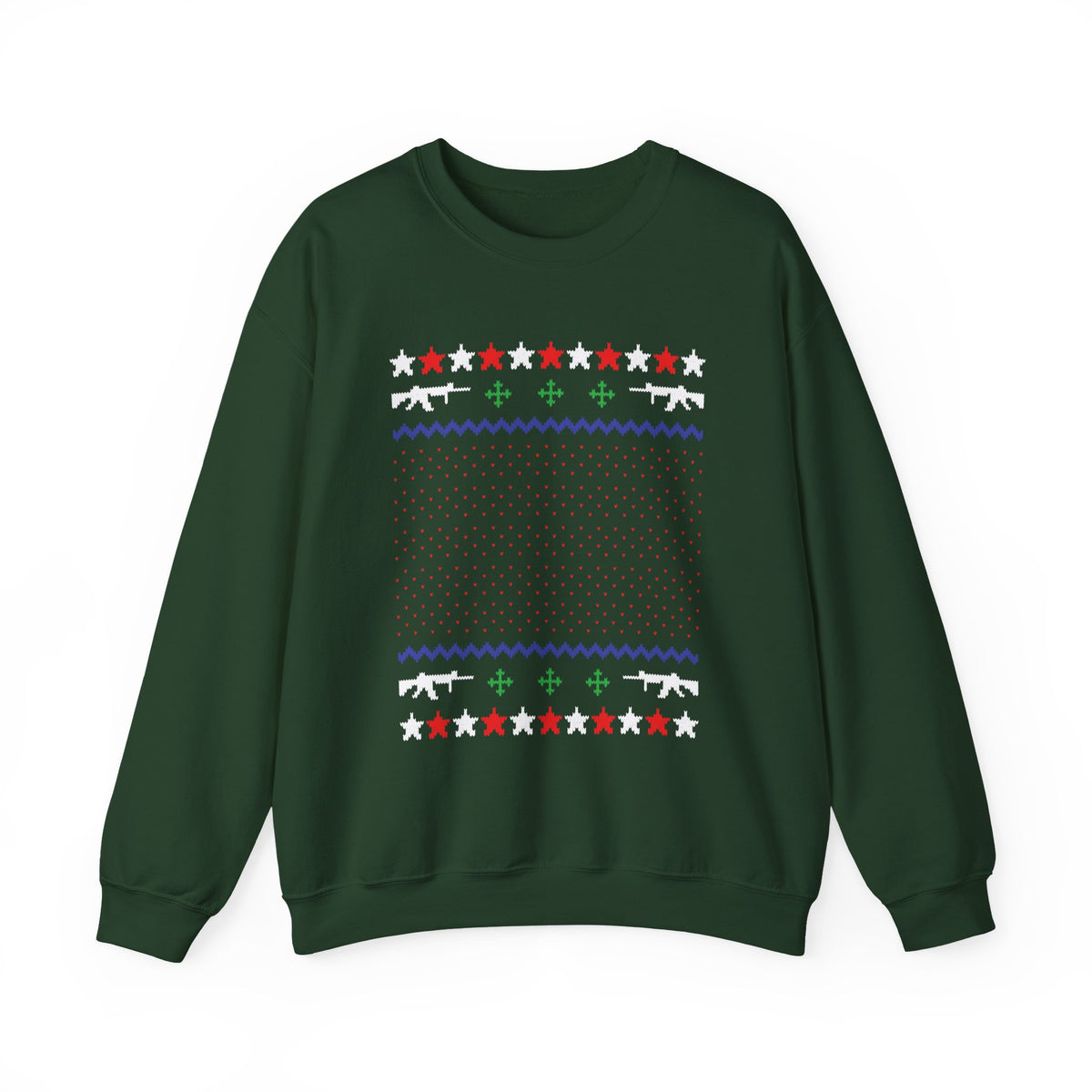 Gun Lover Christmas Sweatshirt with rifle silhouettes and festive colors on a dark green background.