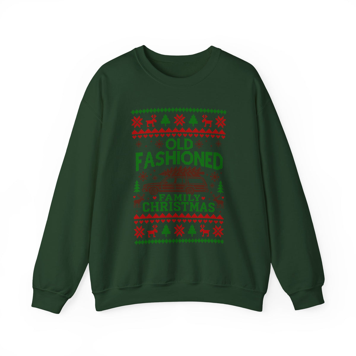 Old Fashioned Family Christmas Sweatshirt with retro graphic design in green color.