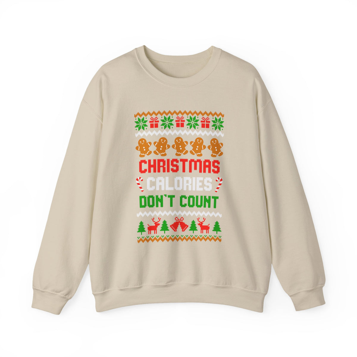 Christmas Calories Don't Count Sweatshirt featuring colorful festive design with gingerbread cookies and holiday motifs.