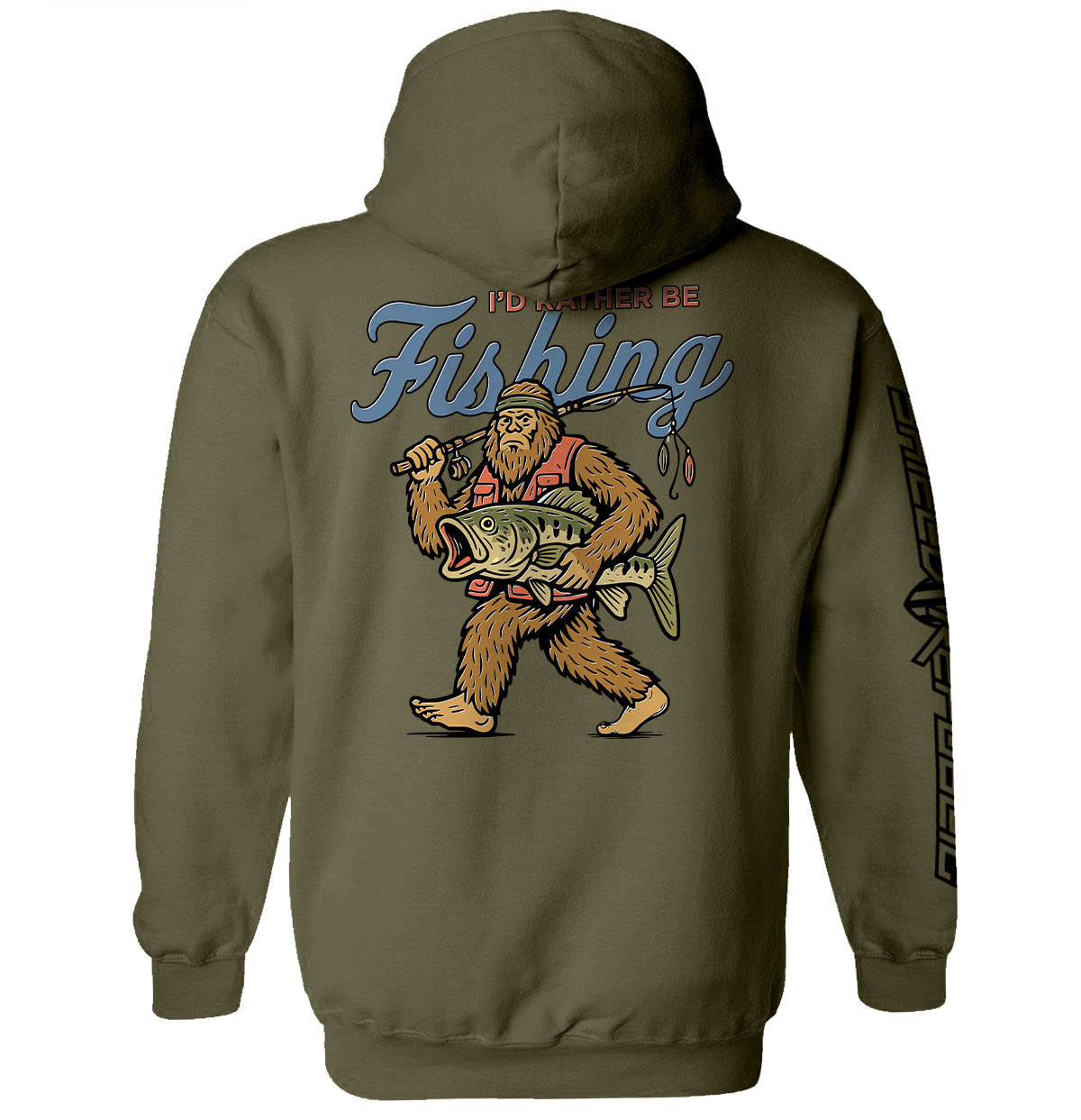 I’d Rather Be Fishing Bigfoot Shirt featuring Bigfoot with fishing rod and catch, funny fishing graphic tee for anglers.