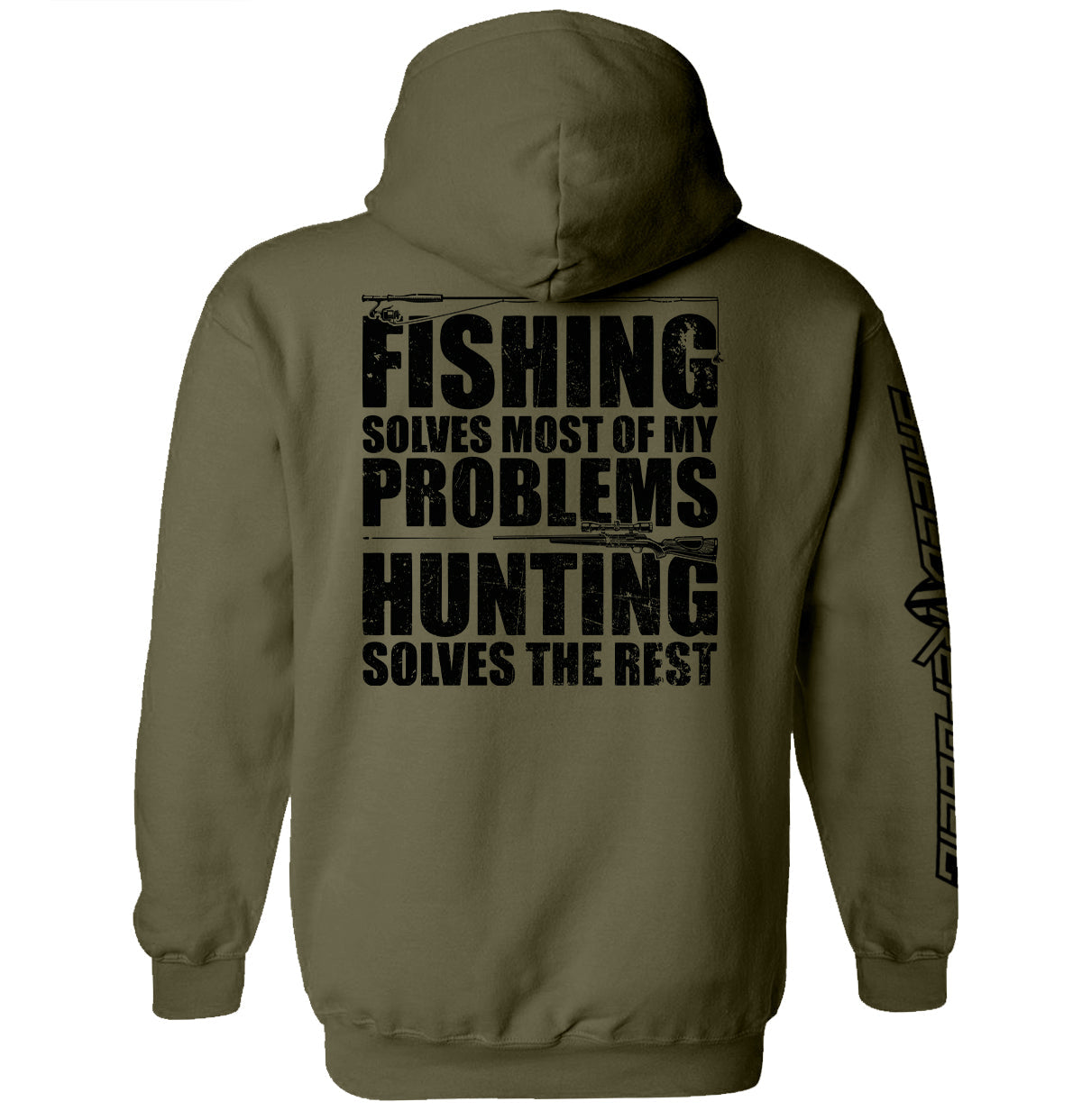 Fishing Solves Most Of My Problems Shirt with distressed lettering and hunting imagery on a green hoodie.